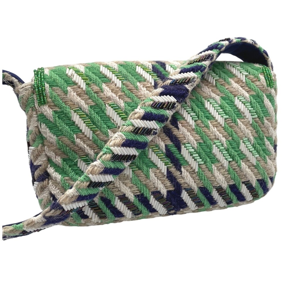 Anthropologie Fiona Beaded Shoulder Bag Small Wool Woven Green Navy Boho